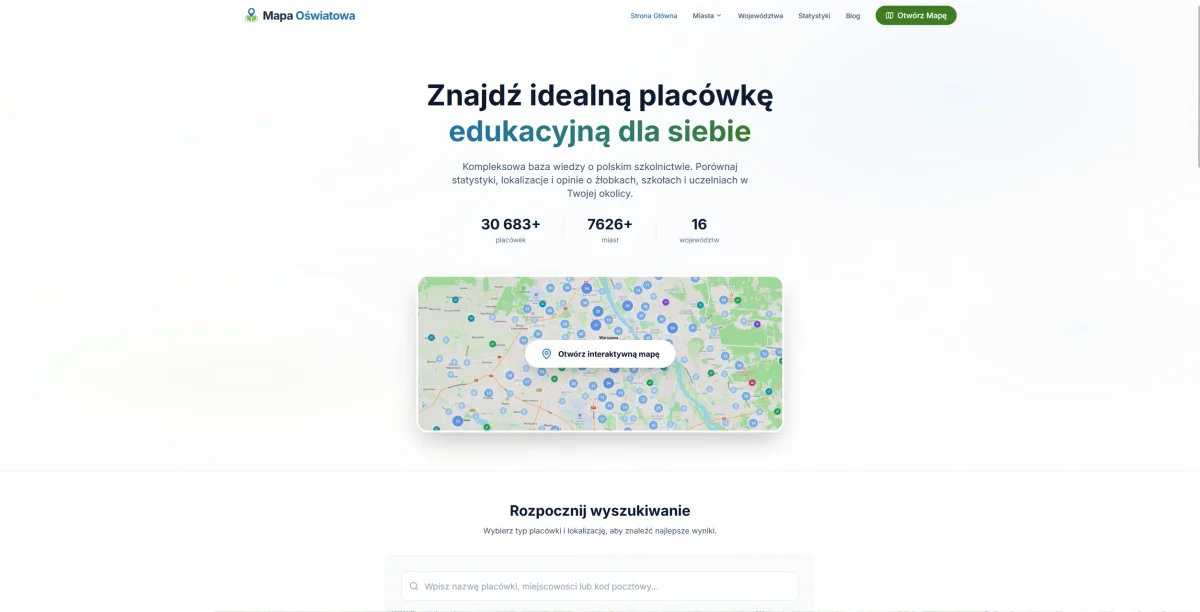 Strona główna serwisu Mapa Oświatowa — wyszukiwarka placówek edukacyjnych